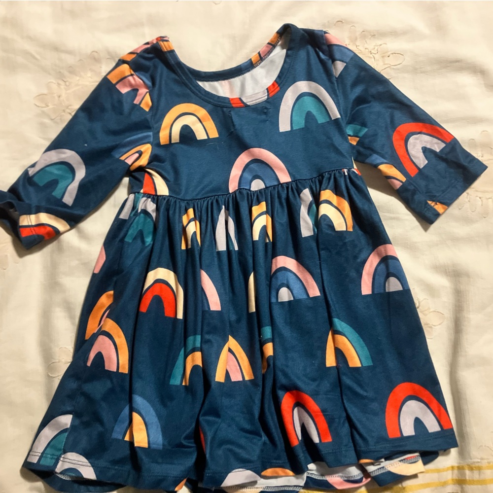 Girls Rainbow Print 3/4 SLEEVE POCKET TWIRL DRESS